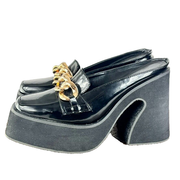 Nasty Gal Mule Loafers Black 38 Patent Groovy Heel Ultra Platform Gold Chain - Picture 1 of 13